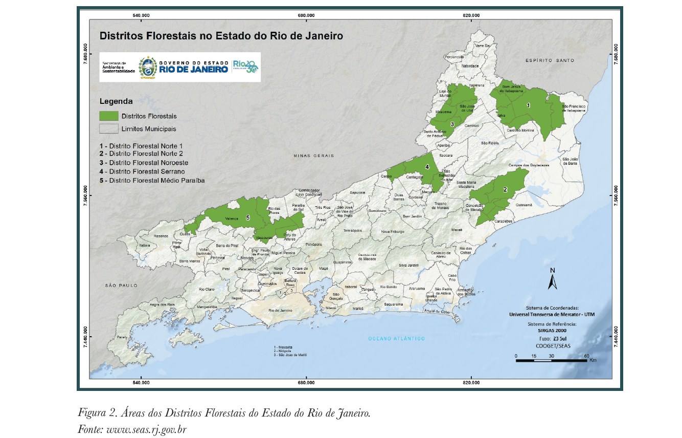 Os cinco Distritos Florestais em verde (imagem extraída do estudo Potencial Energético e de Remoção de CO2 das Florestas Plantadas nos Distritos Florestais 